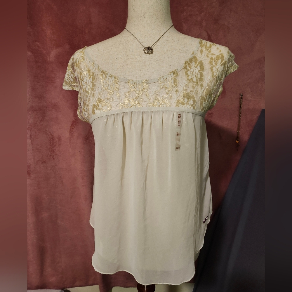 Hollister Cream Blouse with Gold Lace Yoke